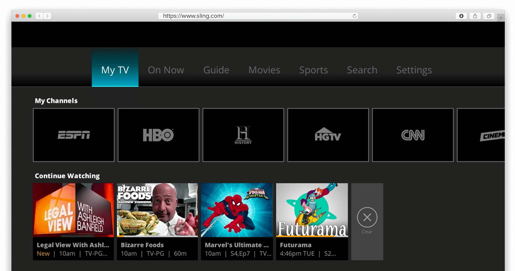 Skärmbild av Sling TV:s startsida.