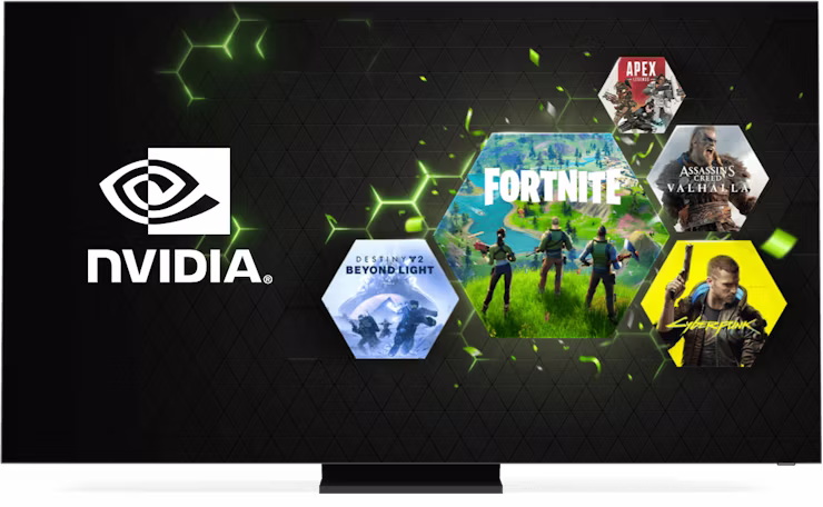 Sk&aelig;rm med Nvidia-logo og online spil.